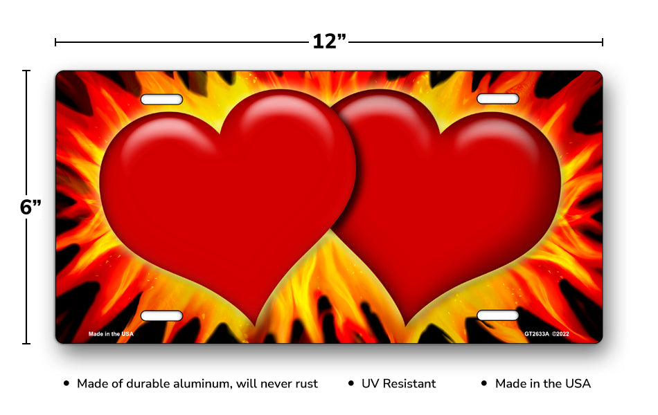 Burning Red Hearts on Black License Plate
