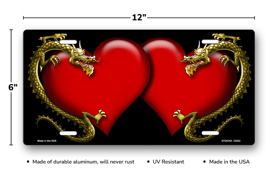Dragons and Red Hearts on Black License Plate