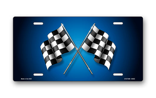 Checkered Flags on Blue License Plate