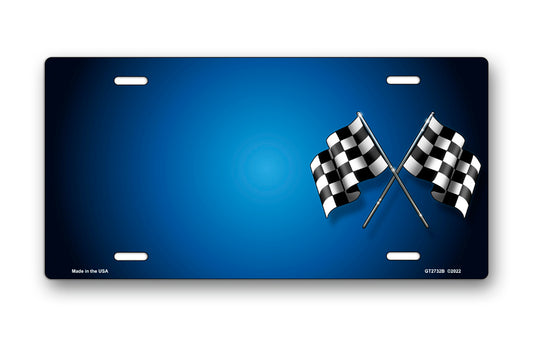Checkered Flags on Blue Offset License Plate