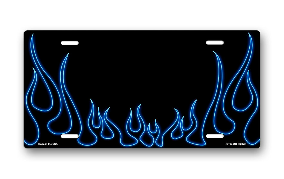 Blue Neon Classic Flames License Plate