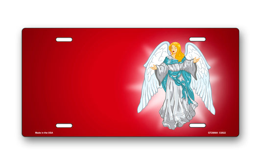 Light Skin Angel on Red Offset License Plate