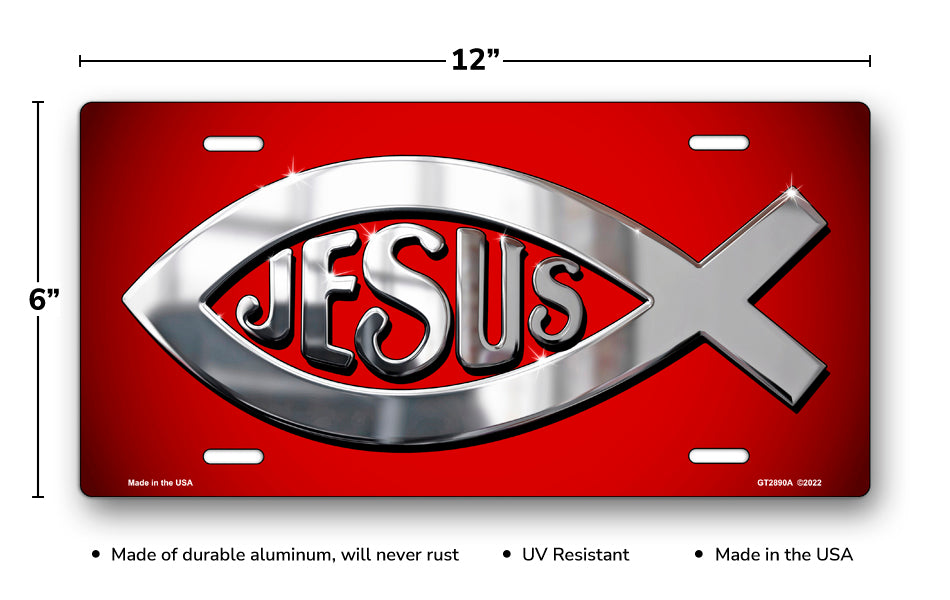 Silver Ichthus Jesus on Red License Plate