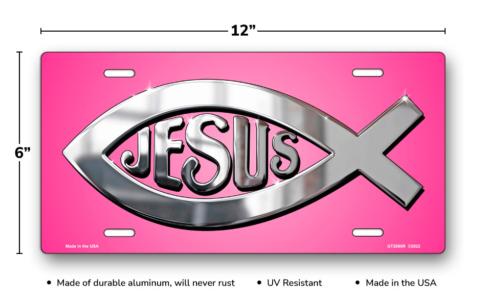 Silver Ichthus Jesus on Pink License Plate