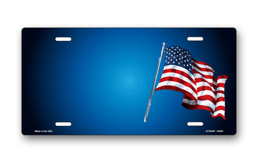 American Flag on Blue Offset License Plate