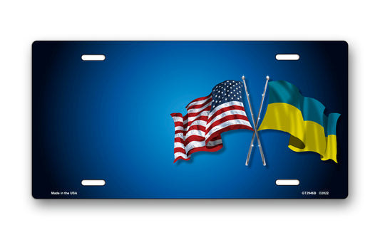 Crossed American and Ukraine Flags Offset on Blue License Plate