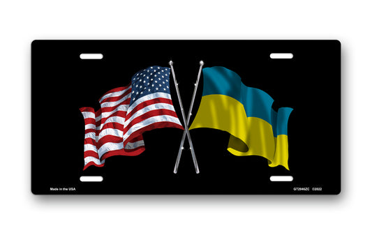 Crossed American and Ukraine Flags on Black License Plate