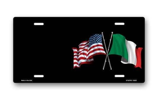 Crossed American and Italian Flags on Black Offset License Plate