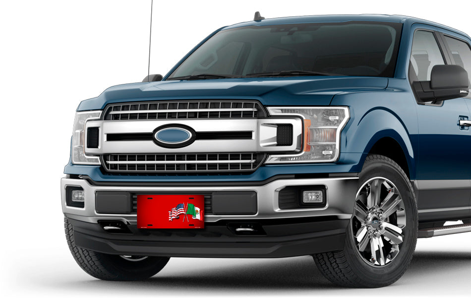 Crossed American and Mexican Flags on Red Offset License Plate