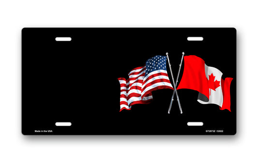 Crossed American and Canadian Flags on Black Offset License Plate