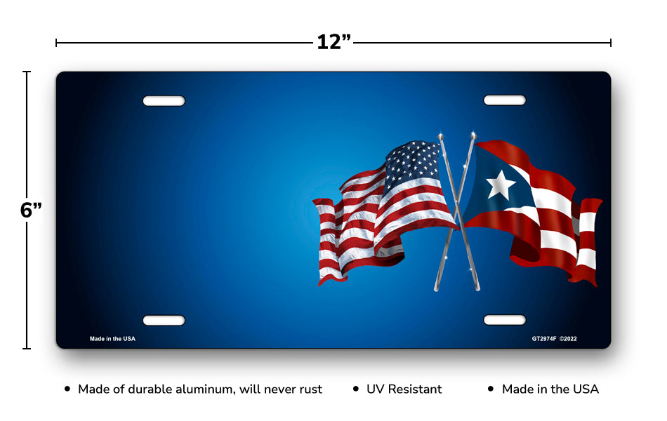 Crossed American and Puerto Rican Flags on Blue Offset License Plate