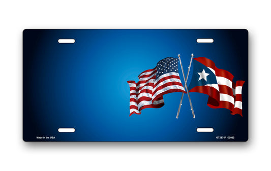 Crossed American and Puerto Rican Flags on Blue Offset License Plate