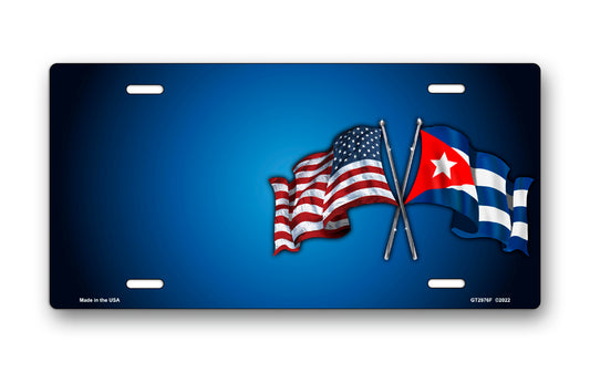 Crossed American and Cuban Flags on Blue Offset License Plate
