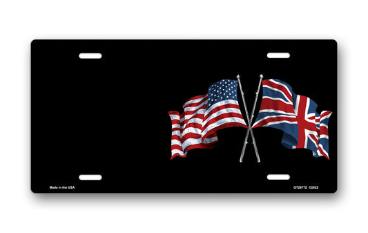 Crossed American and British Flags on Black Offset License Plate