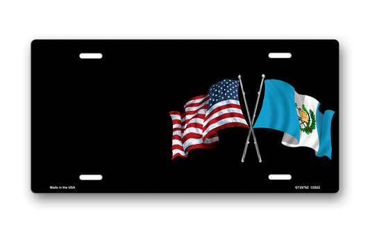 Crossed American and Guatemalan Flags on Black Offset License Plate