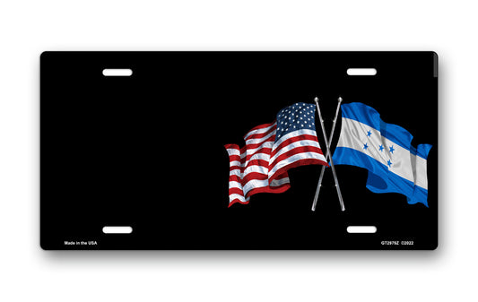 Crossed American and Honduran Flags on Black Offset License Plate