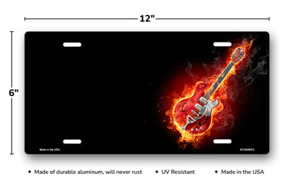 Fire Guitar on Black Offset License Plate