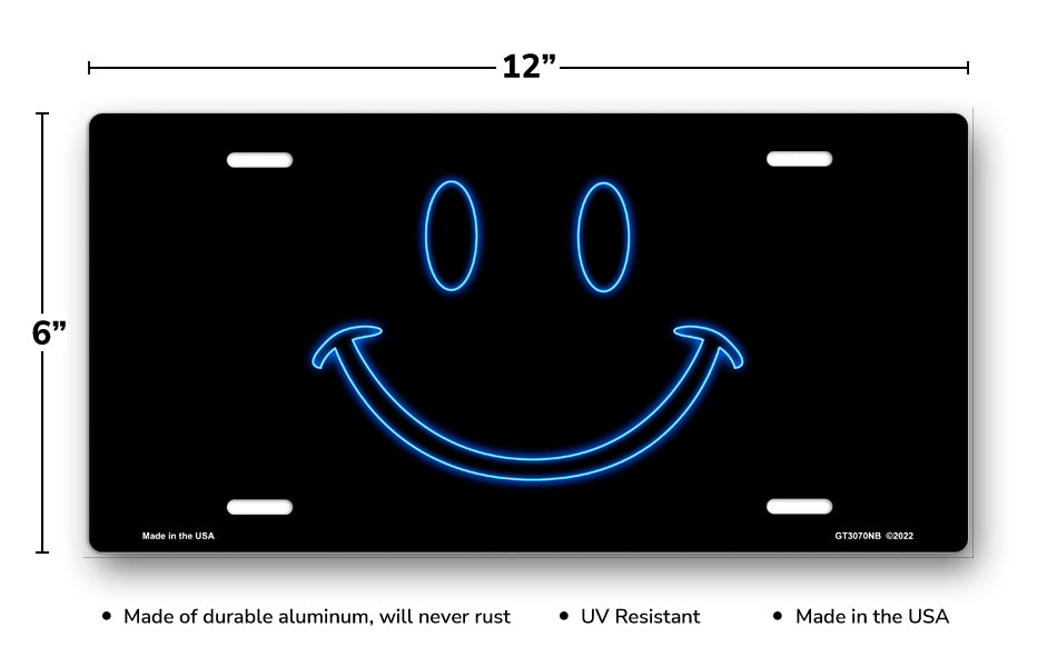 Blue Neon Smiley on Black License Plate