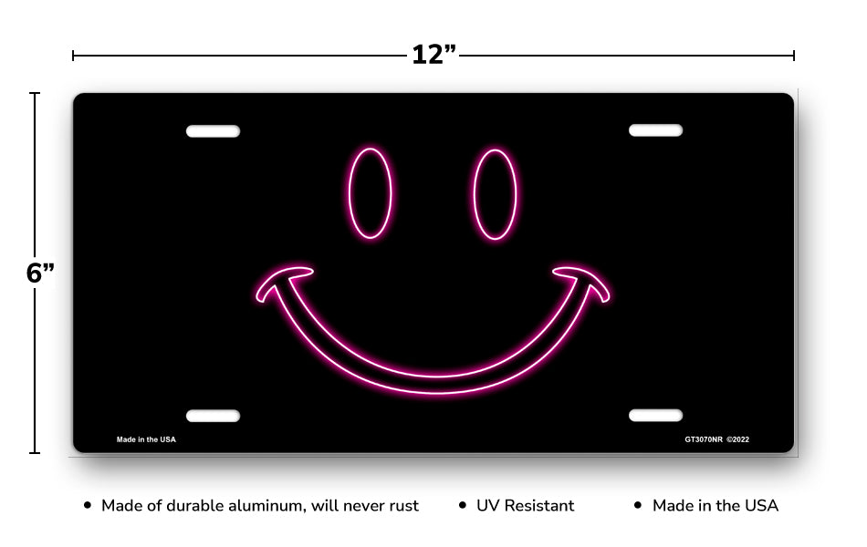 Pink Neon Smiley on Black License Plate