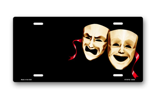 Tragedy and Comedy Masks on Black Offset License Plate