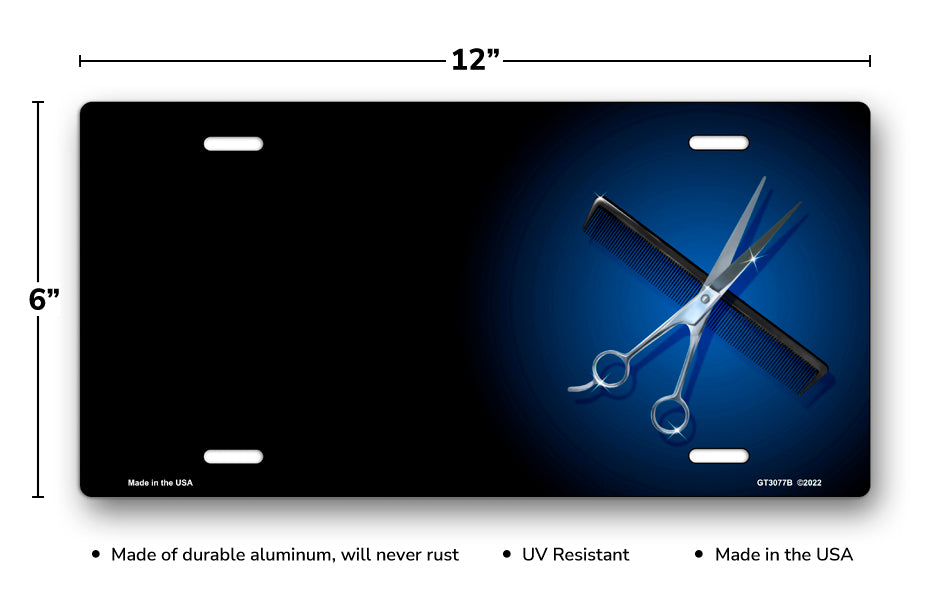 Comb and Scissors on Black Offset License Plate