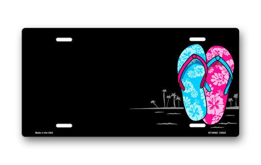 Pink and Blue Hibiscus Flip Flops on Black Offset License Plate