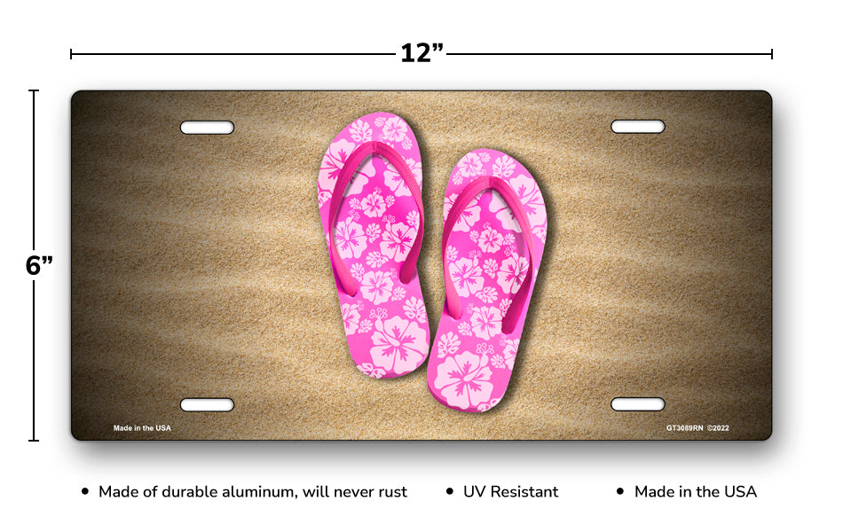 Pink Hibiscus Flip Flops on Sand License Plate