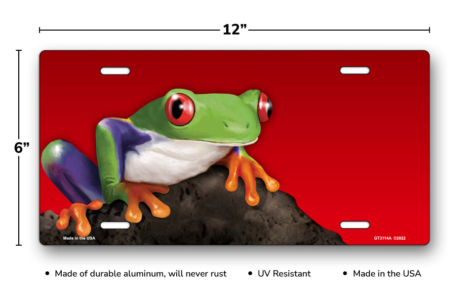 Tree Frog on Stone on Red Offset License Plate