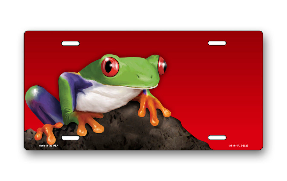 Tree Frog on Stone on Red Offset License Plate