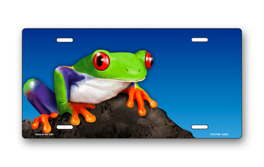 Tree Frog on Stone on Blue Offset License Plate