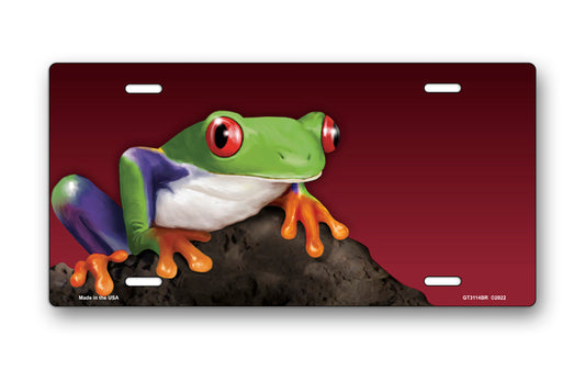 Tree Frog on Stone on Burgundy Offset License Plate