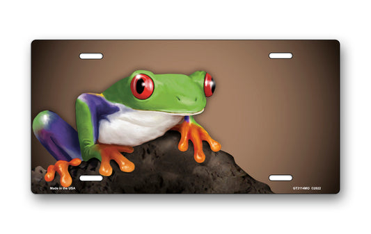 Tree Frog on Stone on Mocha Offset License Plate