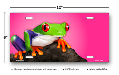 Tree Frog on Stone on Pink Offset License Plate