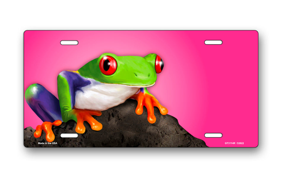 Tree Frog on Stone on Pink Offset License Plate