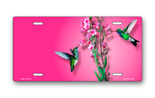 Hummingbirds with Flowers on Pink Offset License Plate