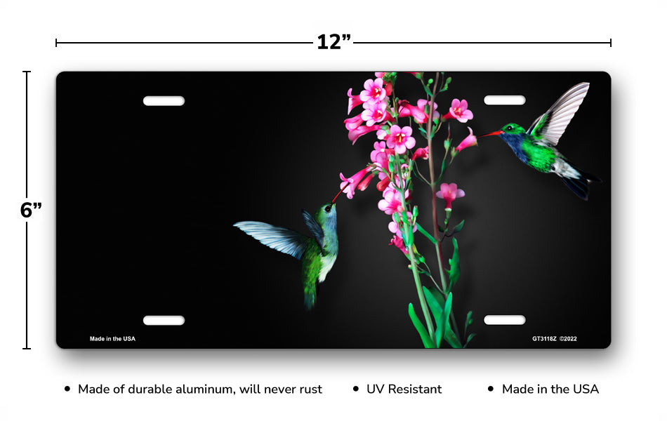 Hummingbirds with Flowers on Black Offset License Plate