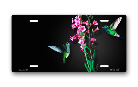 Hummingbirds with Flowers on Black Offset License Plate