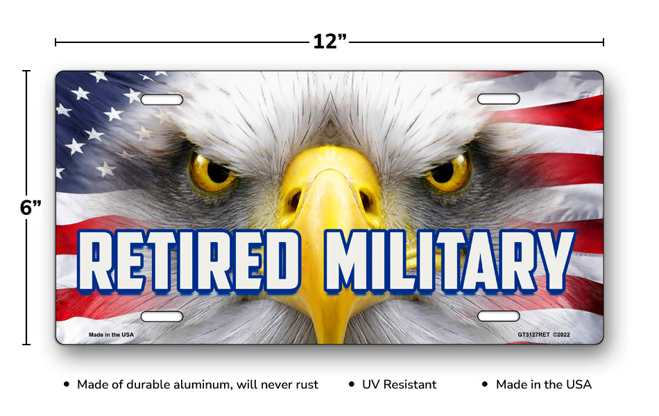 Retired Military Eagle Face on American Flag License Plate