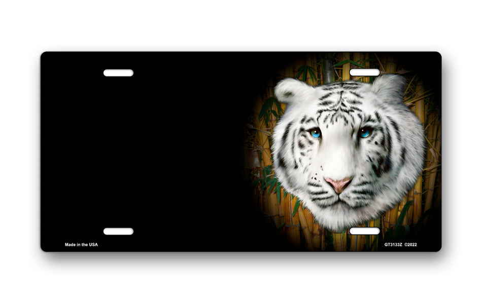 White Tiger on Black Offset License Plate