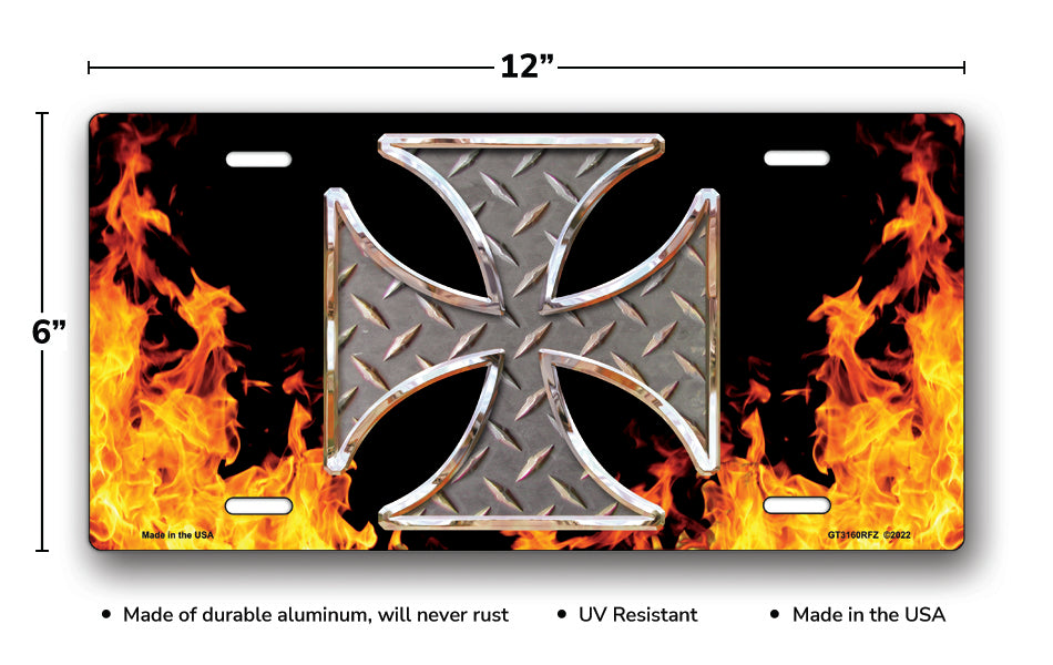 Simulated Diamond Plate Iron Cross with Realistic Flames on Black License Plate