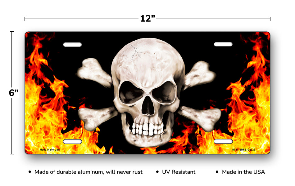 Skull and Crossbones on Realistic Flames License Plate