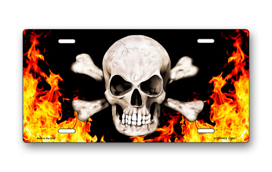 Skull and Crossbones on Realistic Flames License Plate