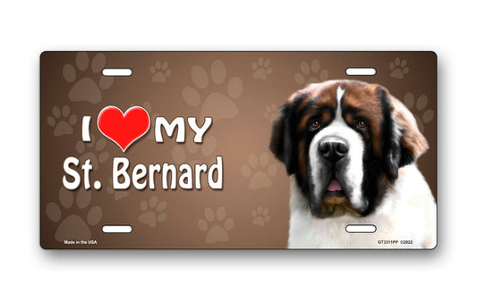 I Love My St Bernard on Paw Prints License Plate