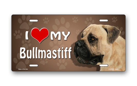 I Love My Bullmastiff on Paw Prints License Plate