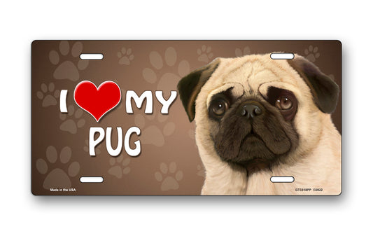 I Love My Pug on Paw Prints License Plate