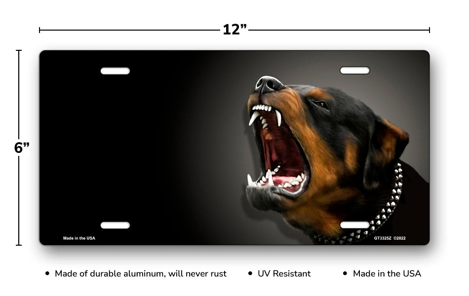 Rottweiler Barking on Black Offset License Plate