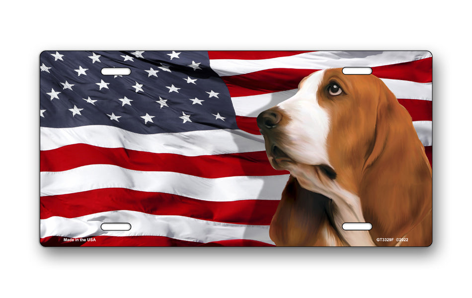Basset Hound on American Flag License Plate