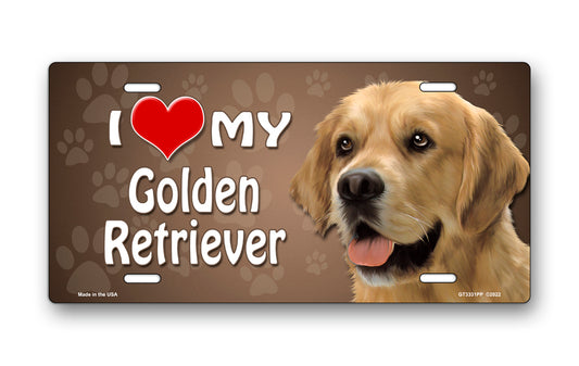 I Love My Golden Retriever on Paw Prints License Plate