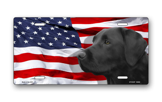 Labrador (Black) on American Flag License Plate