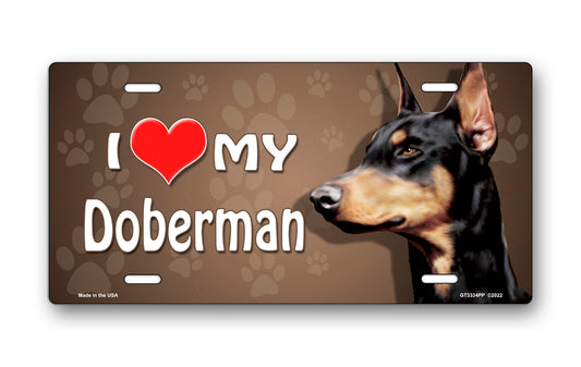 I Love My Doberman on Paw Prints License Plate